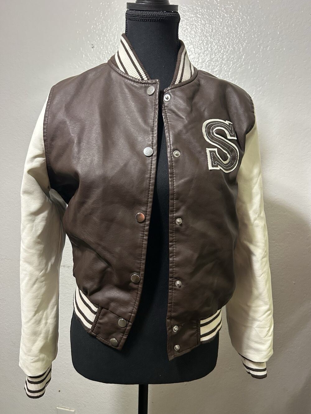 Special One Men's Brown White Varsity Jacket Embroidered Accents Size S